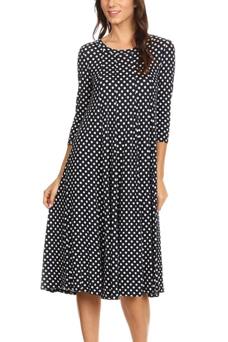 Women's Loose Fit Scoop Neck 3/4 Sleeve Polka Dot Patterned A-Line Midi Dress