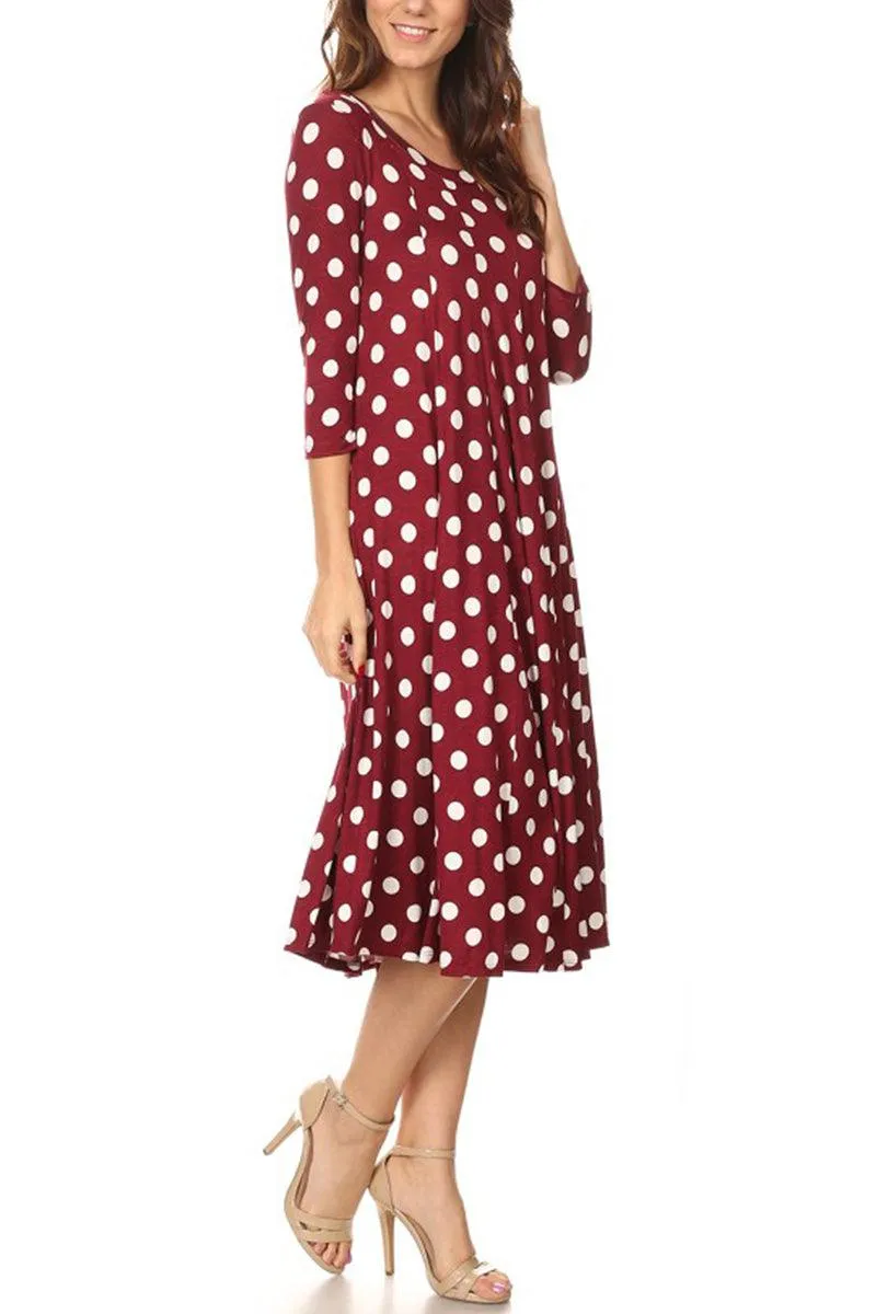 Women's Loose Fit Scoop Neck 3/4 Sleeve Polka Dot Patterned A-Line Midi Dress