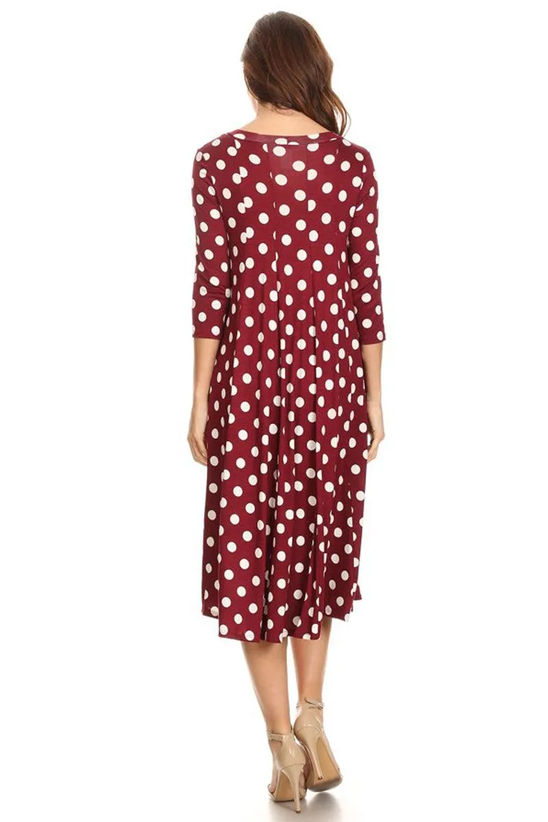 Women's Loose Fit Scoop Neck 3/4 Sleeve Polka Dot Patterned A-Line Midi Dress