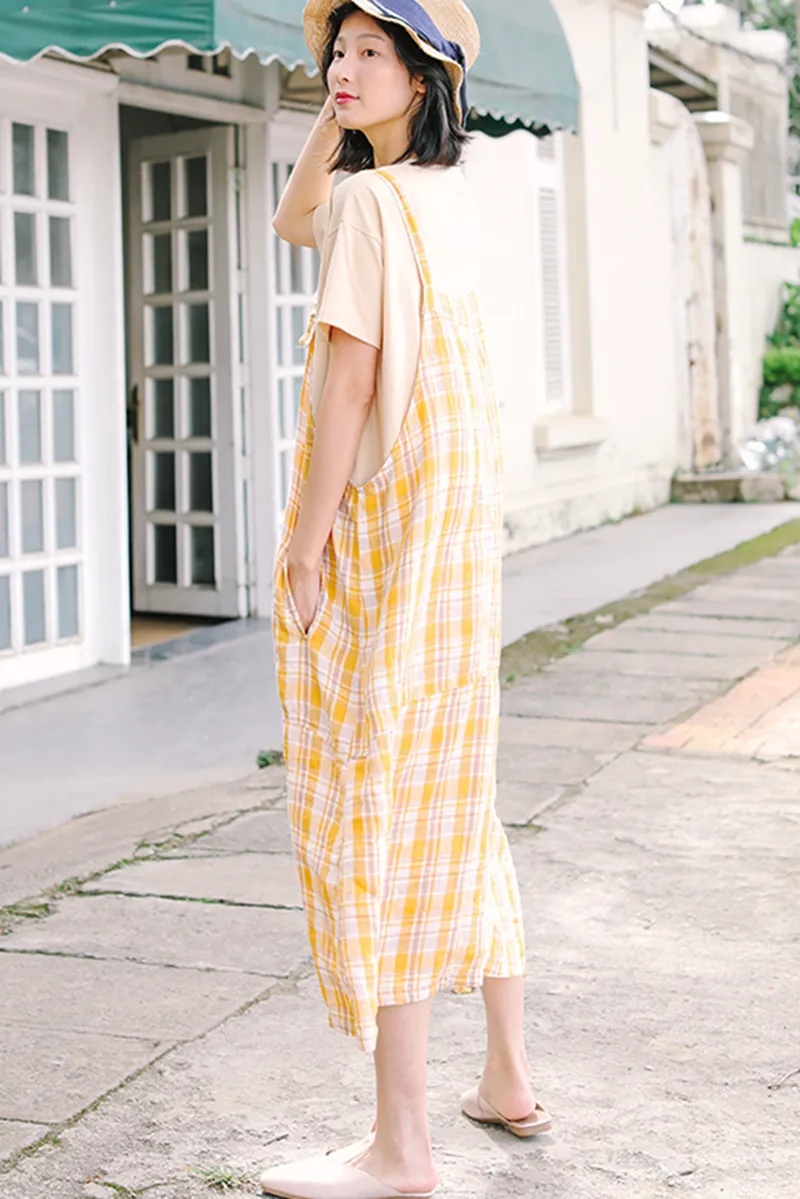 Women's Loose Linen Yellow Plaid Suspenders Skirt