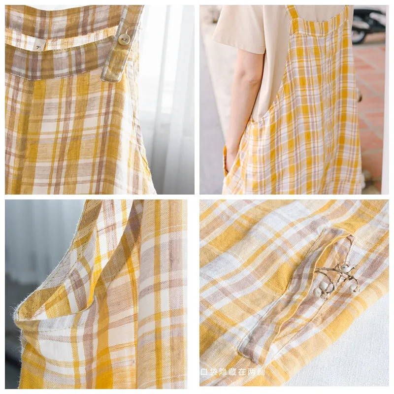 Women's Loose Linen Yellow Plaid Suspenders Skirt