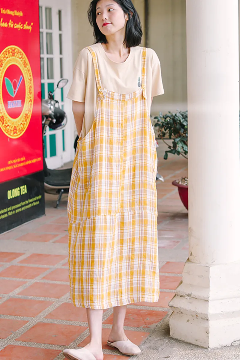 Women's Loose Linen Yellow Plaid Suspenders Skirt