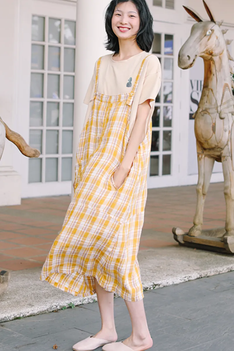 Women's Loose Linen Yellow Plaid Suspenders Skirt