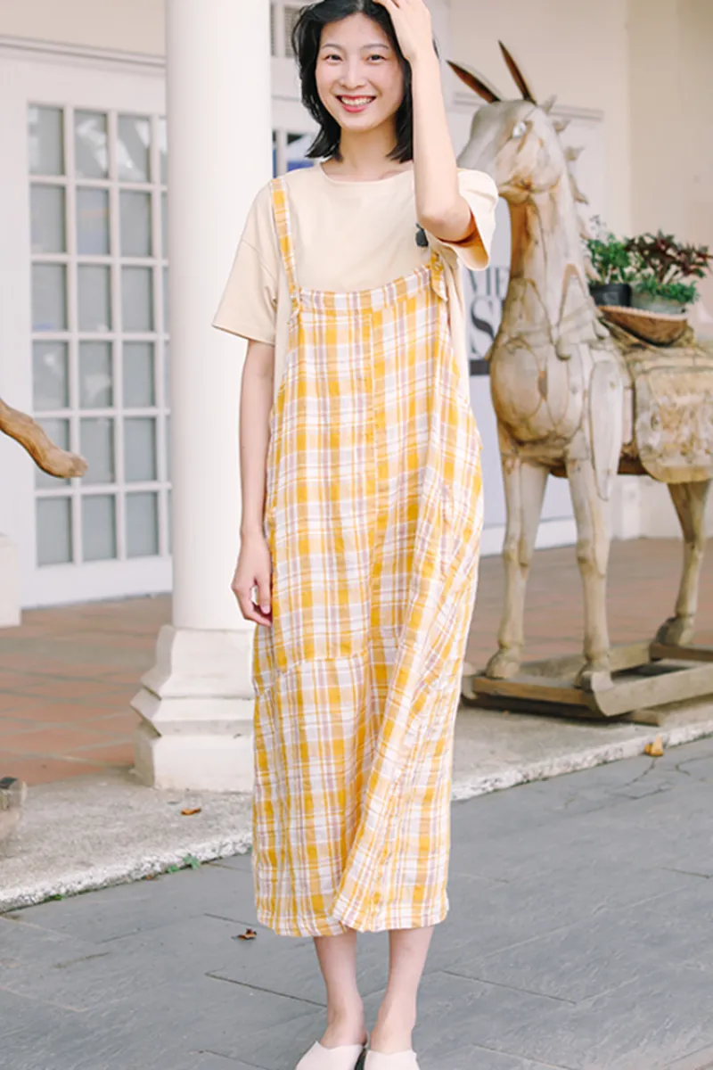 Women's Loose Linen Yellow Plaid Suspenders Skirt