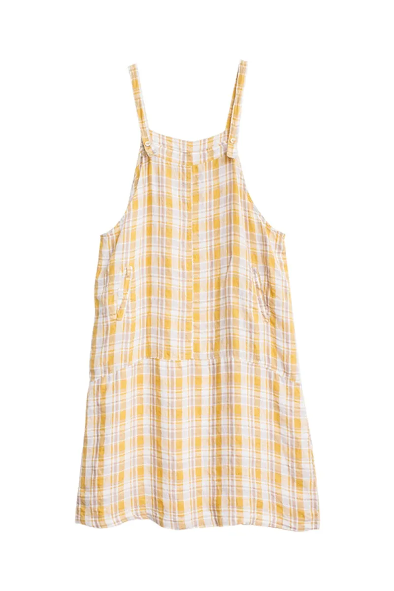 Women's Loose Linen Yellow Plaid Suspenders Skirt