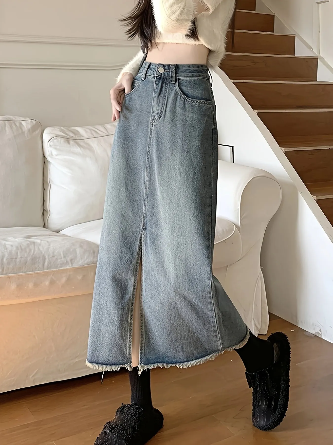 Women's Plain High-Waist Slim Fit A-Line Split Midi Denim Skirt, Casual Frayed Hem, Spring Collection