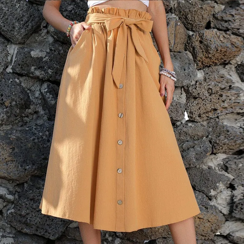 Women's Tie Knot Elastic Waist Button Front Elegant Midi Skirt