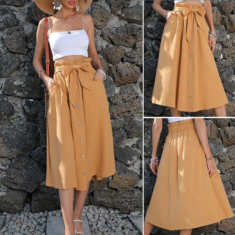 Women's Tie Knot Elastic Waist Button Front Elegant Midi Skirt