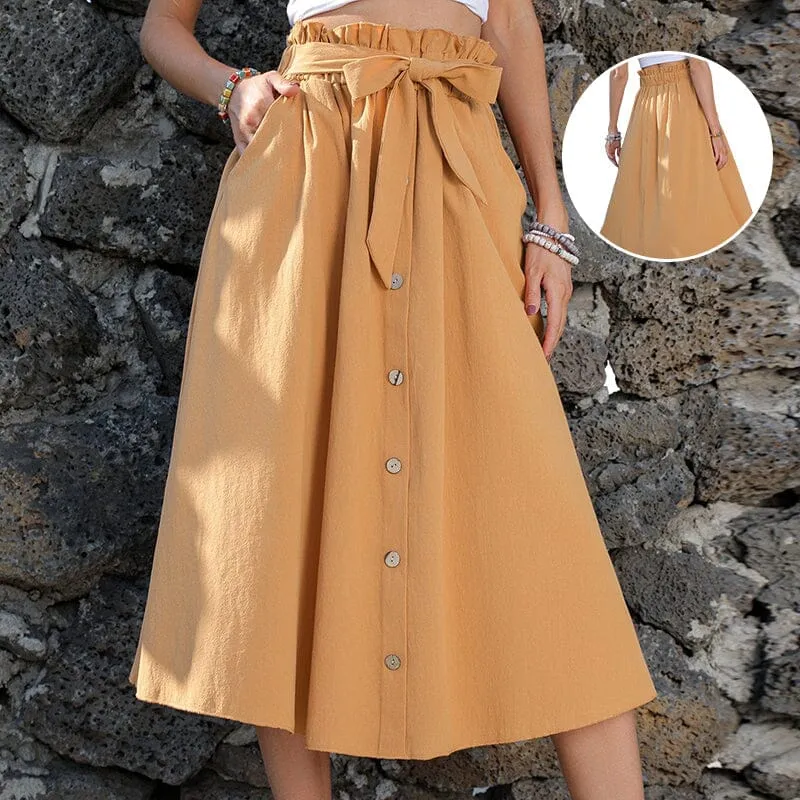 Women's Tie Knot Elastic Waist Button Front Elegant Midi Skirt