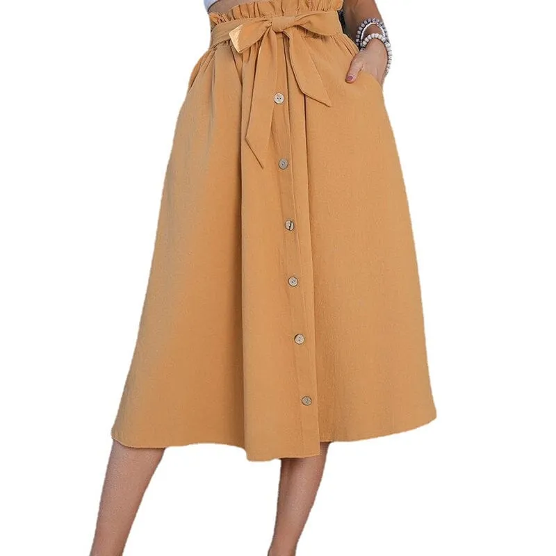 Women's Tie Knot Elastic Waist Button Front Elegant Midi Skirt