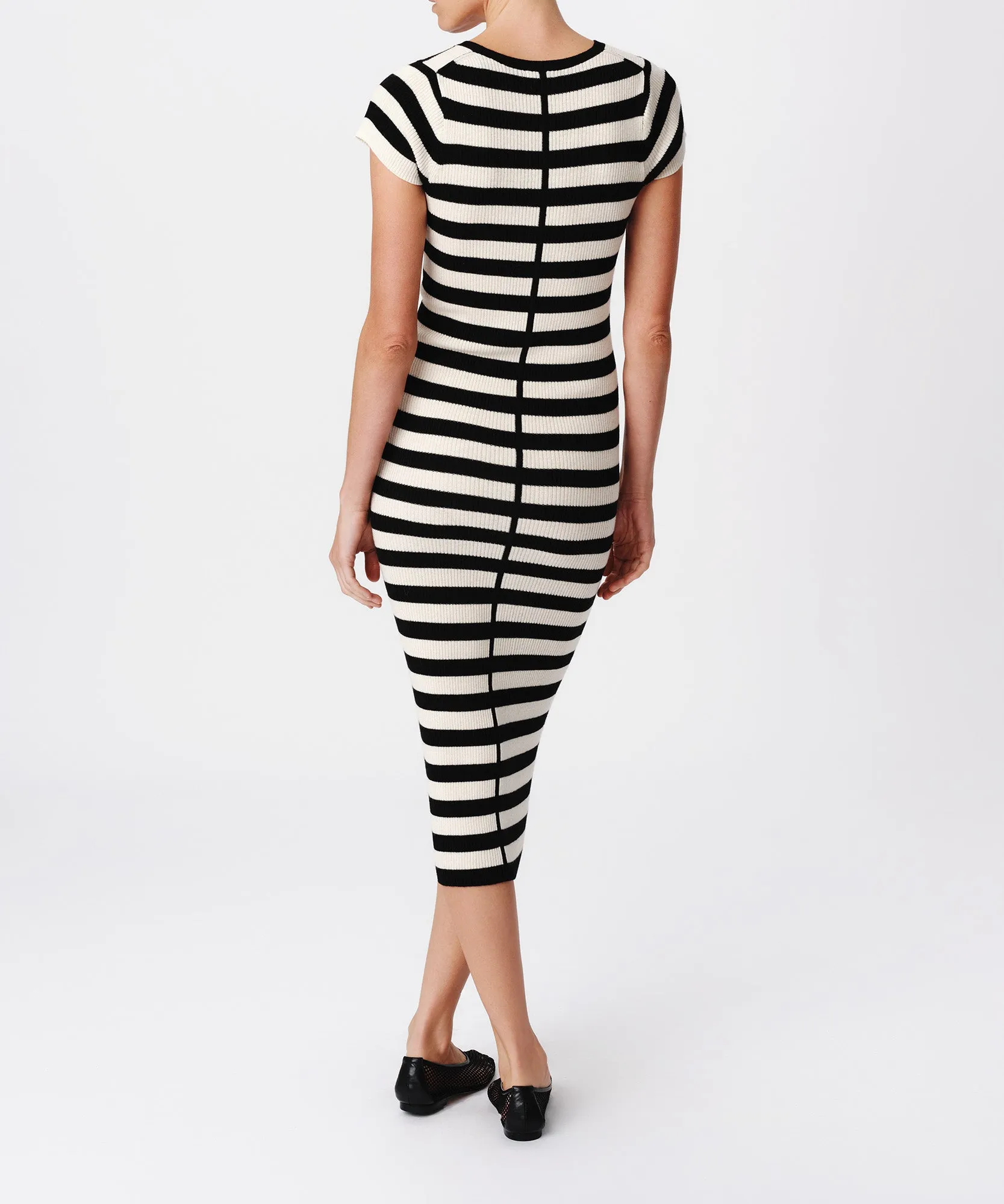 Wool Blend Striped Cap Sleeve Dress - Black-Chalk