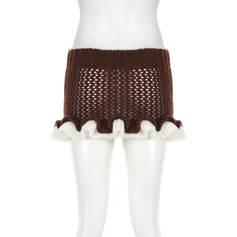 y2k Aesthetic Brown Knitted Mini Skirt Bodycon Ruffles Tie Up Cute Women's Skirt Ruched Hottie Vintage Cloth Bottoms