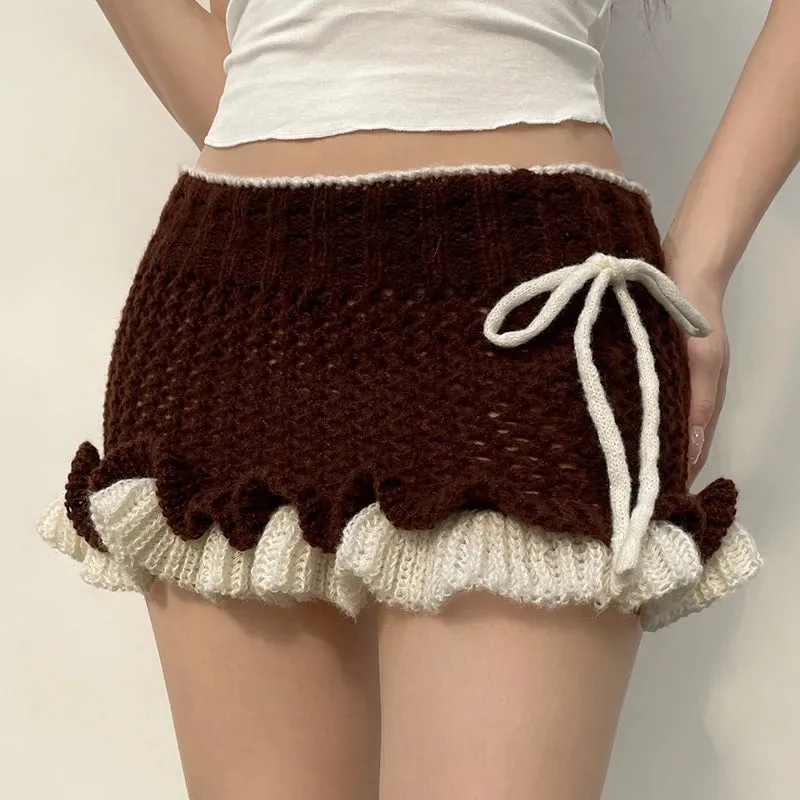 y2k Aesthetic Brown Knitted Mini Skirt Bodycon Ruffles Tie Up Cute Women's Skirt Ruched Hottie Vintage Cloth Bottoms