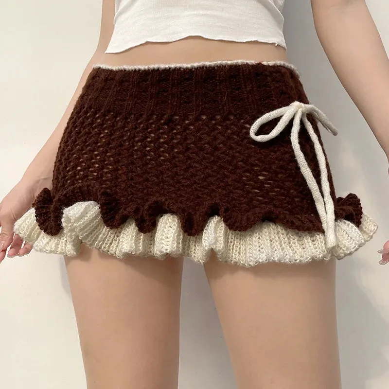 y2k Aesthetic Brown Knitted Mini Skirt Bodycon Ruffles Tie Up Cute Women's Skirt Ruched Hottie Vintage Cloth Bottoms